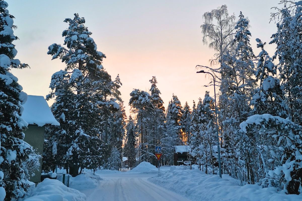 Talvinen maisema omakotitaloalueelta